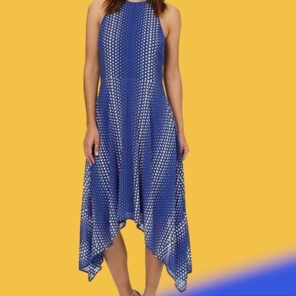 MICHAEL Kors Women's Blue Sleeveless Arailia Dot Asymmetrical Maxi Dress Size 8 - Picture 1 of 14